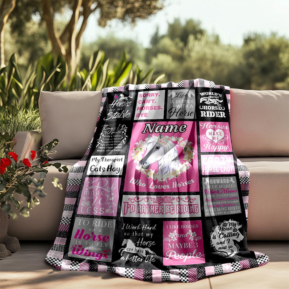Horse Love Happiness Lifestyle Quotes Collection Personalized Outdoor Blanket Customize Your Name Ultrasoft Suitable For Picnics Outdoor Travel And