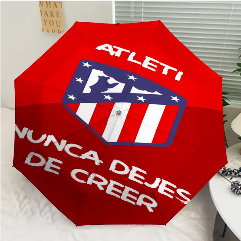 Atlético Madrid logo Print Automatic Umbrella, 8 Rib Iron Frame, Plastic Handle, Suitable for Outdoor Travel &Daily , Ideal Gift