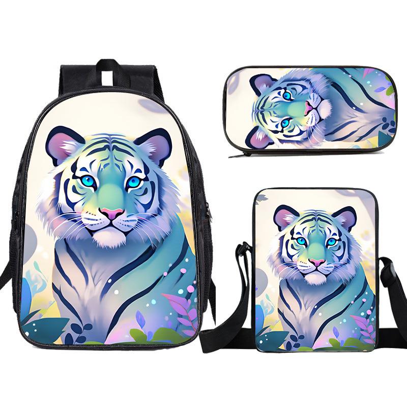 Zaino a forma di tigre dei cartoni animati, grande capacità, zaino per scuola elementare, set da tre pezzi, zaino per bambini, borsa a tracolla, astuccio