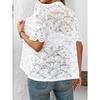 Womens Lace Crochet Short Sleeve Blouse With Round Neck Button Down Casual Hollow Out Top