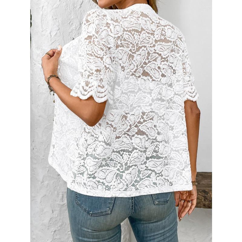 Womens Lace Crochet Short Sleeve Blouse With Round Neck Button Down Casual Hollow Out Top