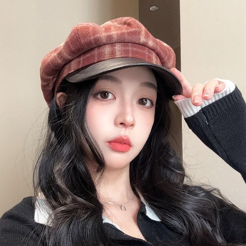 Women S Plaid Octagonal Hat Large Head Circumference Vintage Style Autumn Winter Cap
