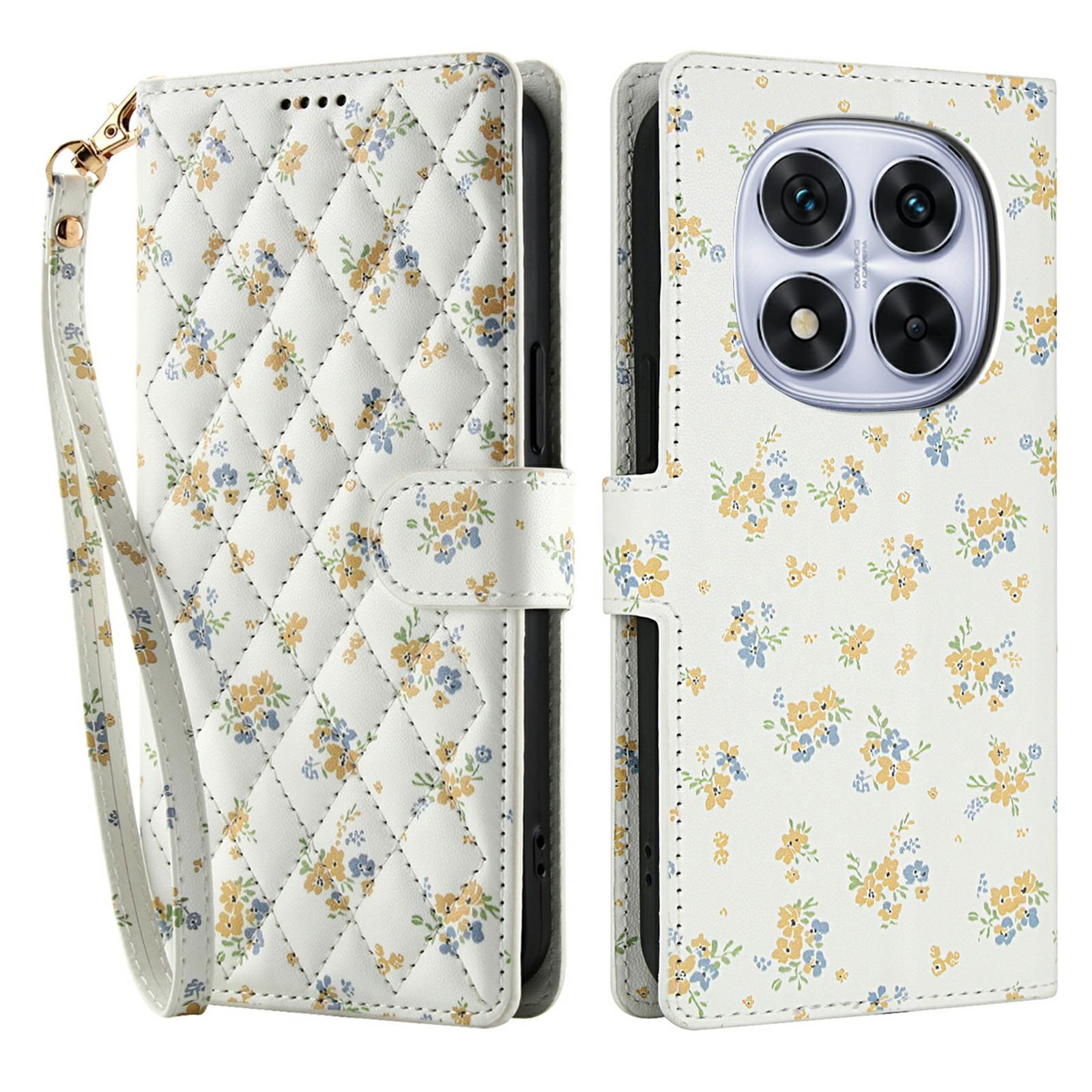 

Wallet Case for Xiaomi Redmi Note 14 Pro 5G/14 Pro+ 5G/Poco X7 5G Rhombic Floral Design Leather Flip Phone Cover with Strap A5