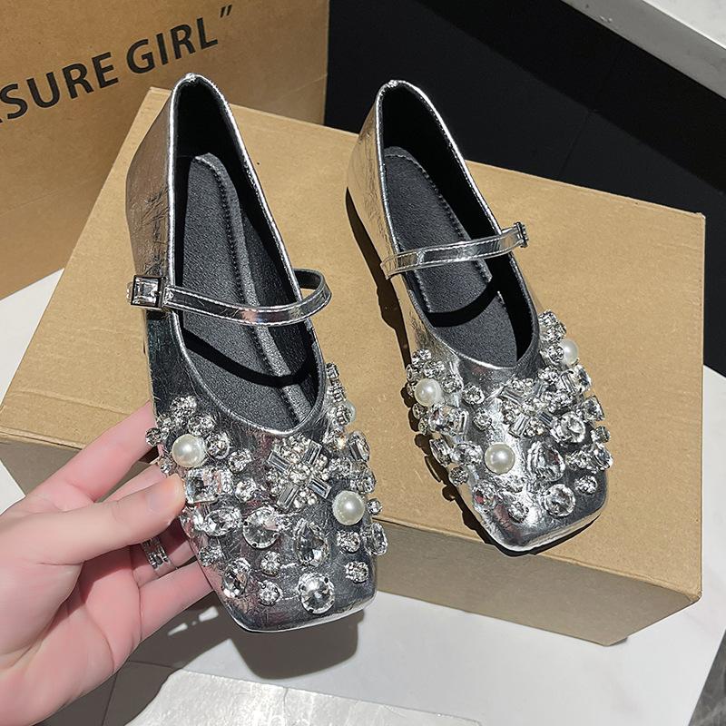 French fairy style silver rhinestone Mary Jane shoes woman spring new square head flat bottom with skirt one-word single shoes woman
