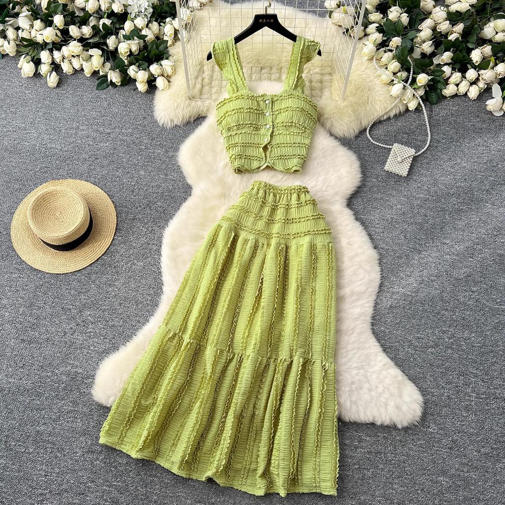 Summer Lace Patchwork Beach Two Pieces Sets Women Sexy Camisole+A Line Long Skirt Fashion Elastic Bohemian Suits