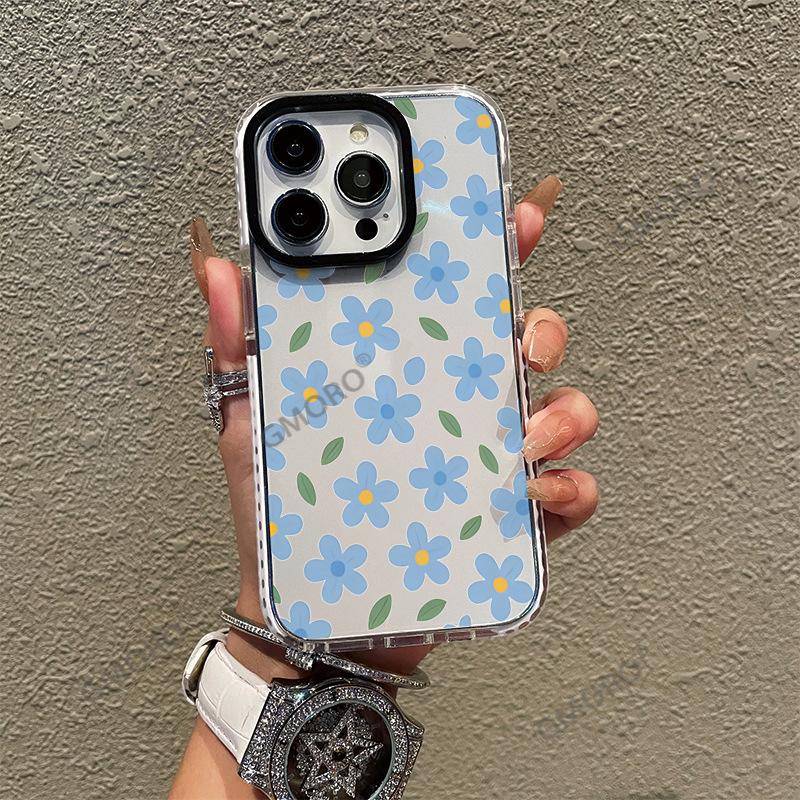 A full-screen light blue floral phone case, iPhone 17 Gentle Style, Apple 16 Pro with a large punch-hole transparent case
