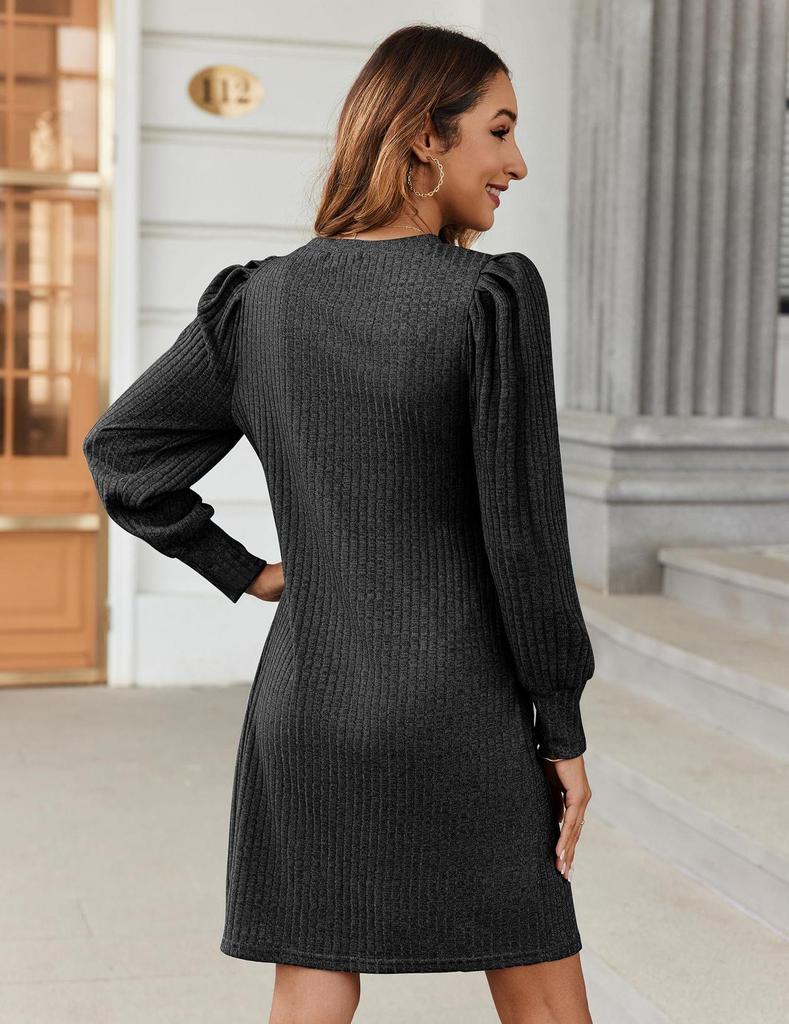 European & American Fashion Knitted Puff Sleeve Dress - Women's Autumn/Winter Casual Loose Fit with Pockets
