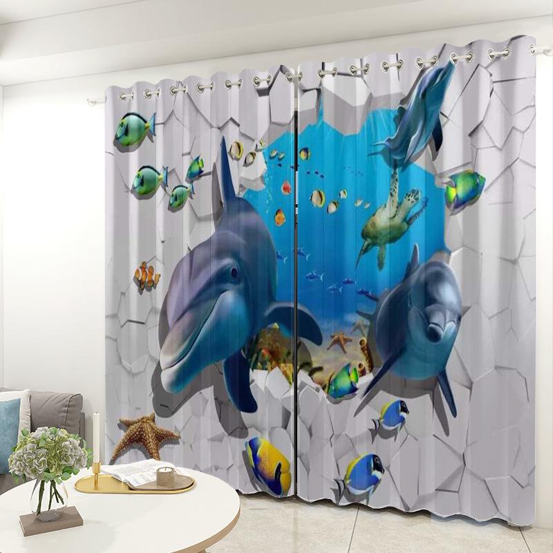 3D Ocean Curtain Fabric Bedroom Living Room Balcony Blackout Curtain Office Hotel Insulation Curtain