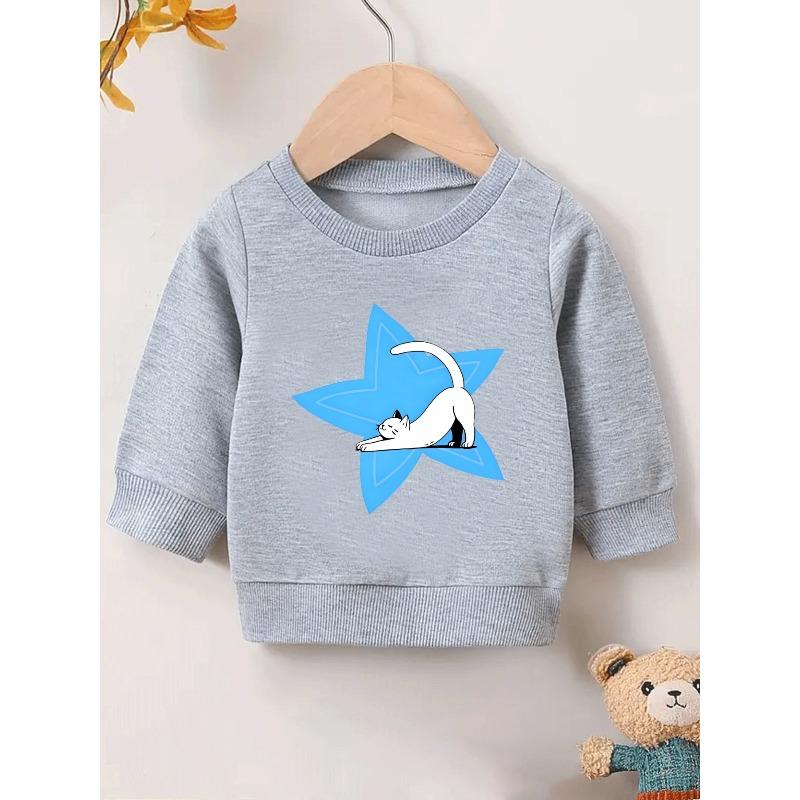 Kids Lightweight Crewneck Pullover Sweatshirt, Cartoon White Kitten Graphic Print