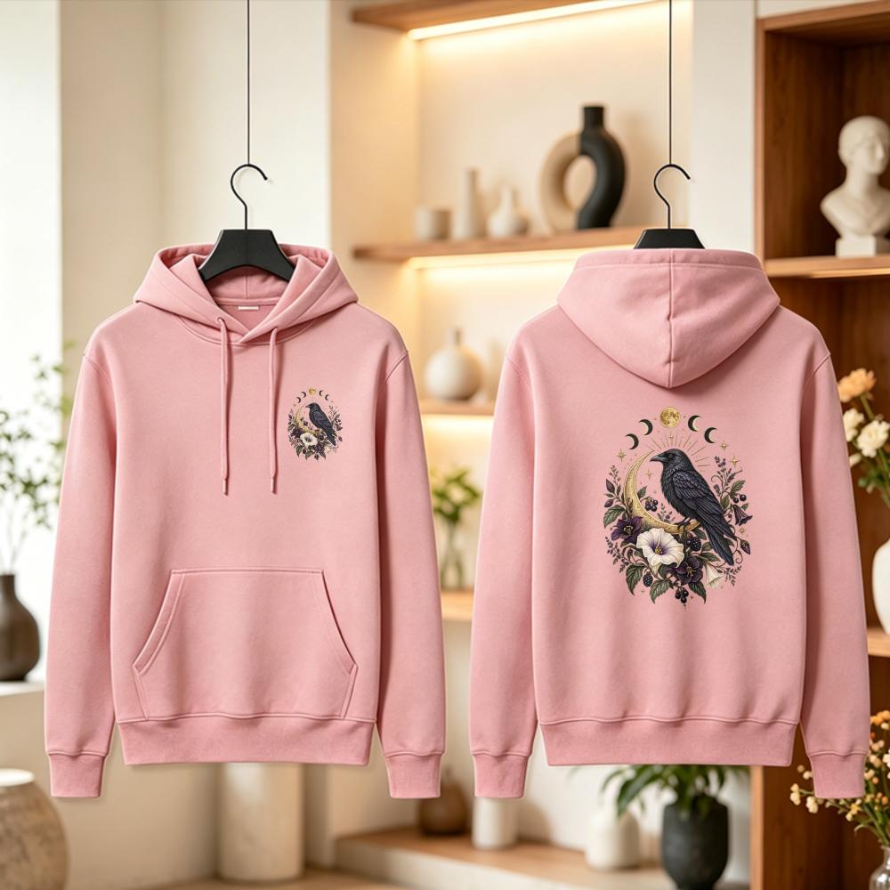 Witchy Raven Hoodie Celestial Moon Long Sleeve Gothic Floral Crow Sweatshirt Botanical Moon Phase Pullover Dark Cottagecore Gift