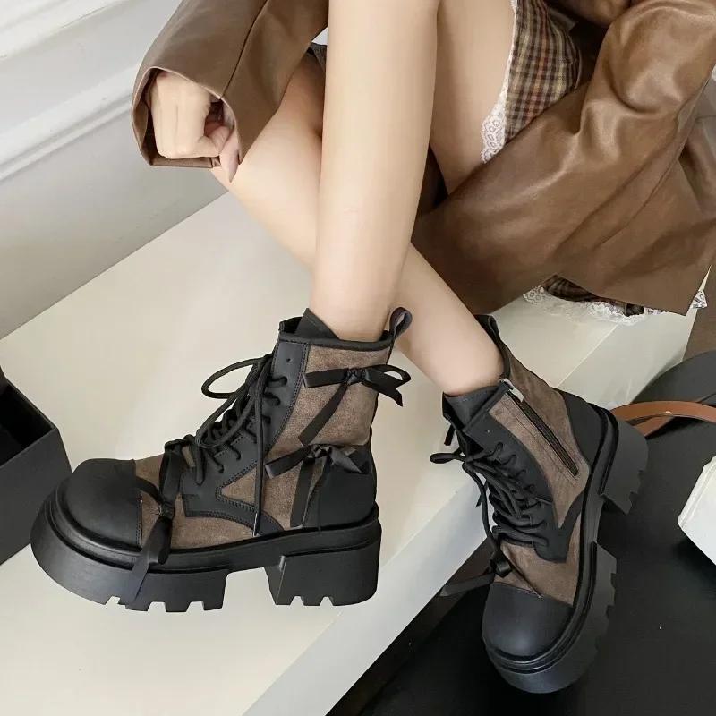 Fashion Women's Boots Thick Soles  Cowboy Boots British Style Retro Breathable Platform Lace-up Bow Zipper Motorcycle Boots Shoe