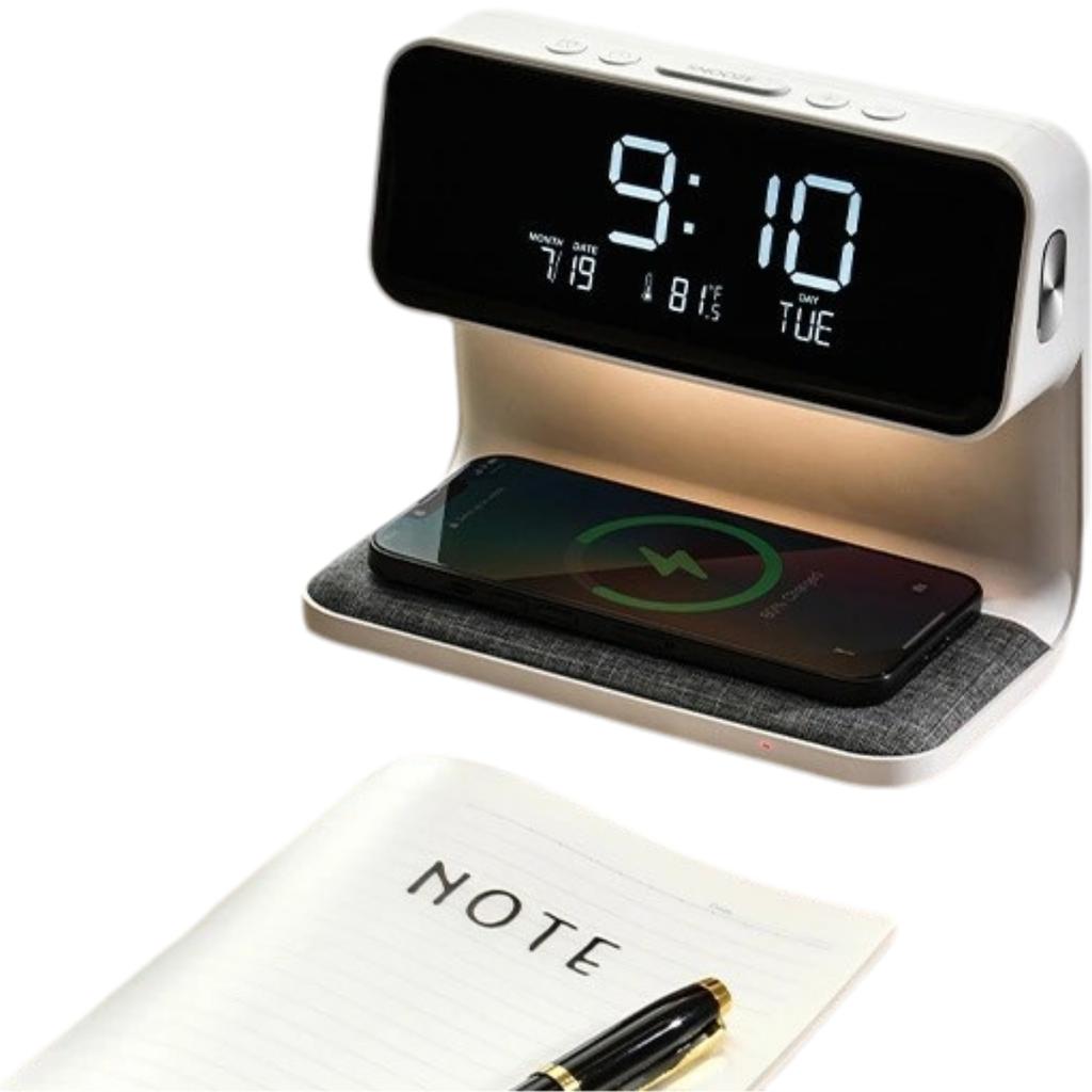 3 In 1 Multi-Function USB-C Alarm Clock With 15W QI Wireless Charger Thermometer LCD Screen Night Light Bedroom Touch Desk Lam