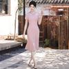 Pink Modern Chinese Style Qipao Dress Women 2026 Lightweight Silk-Linen Blend Long Cheongsam With Stand Collar Side