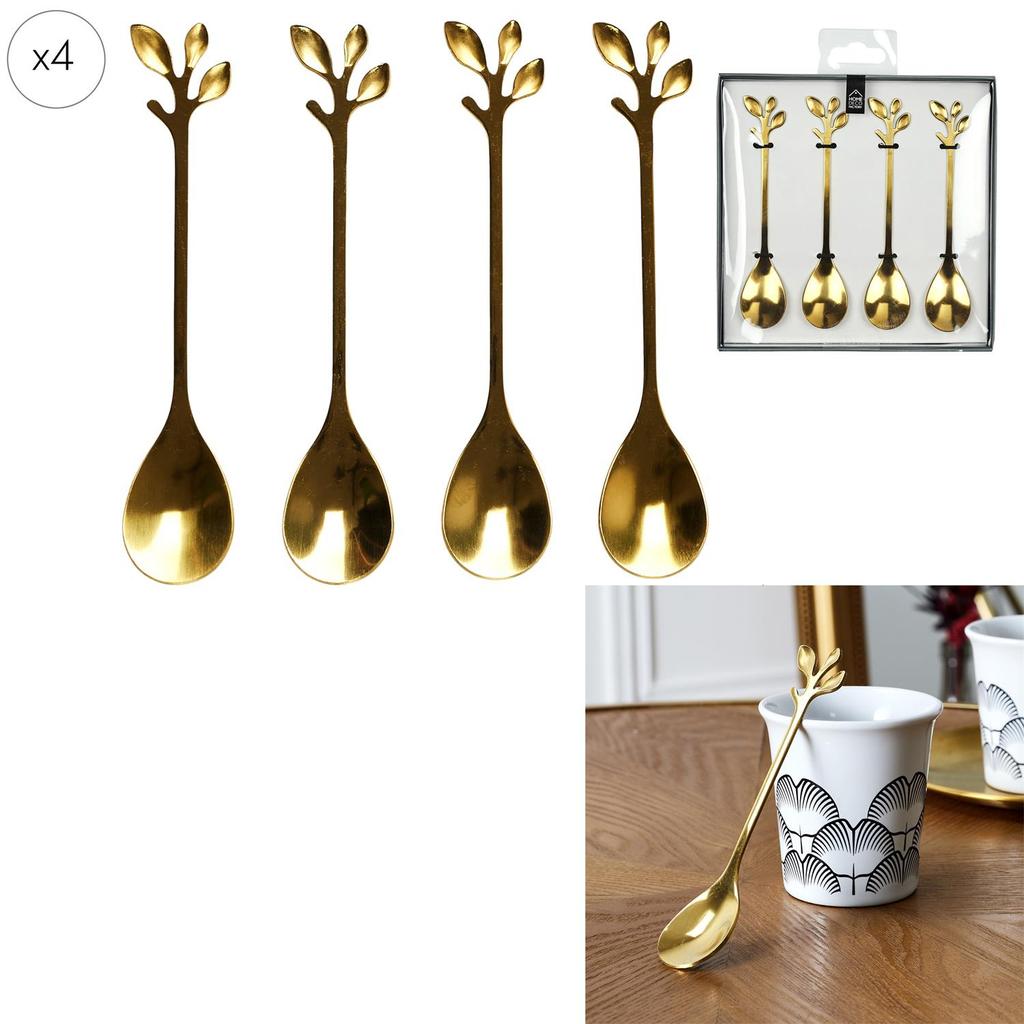 Set Of 4 Gold Leaf Spoons, Stainless Steel, Decorative