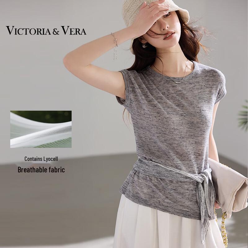 VICTORIA&VERA Women s Sleeveless Linen Blend Knit Top with Belt S