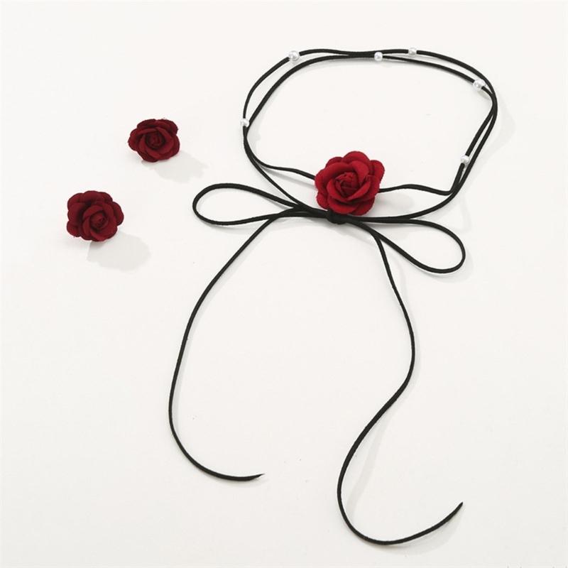 Stylish Camellia Jewelry Set Unique Flower Beaded Necklace and Earrings Floral Theme Neckchain Ear Studs Ornament
