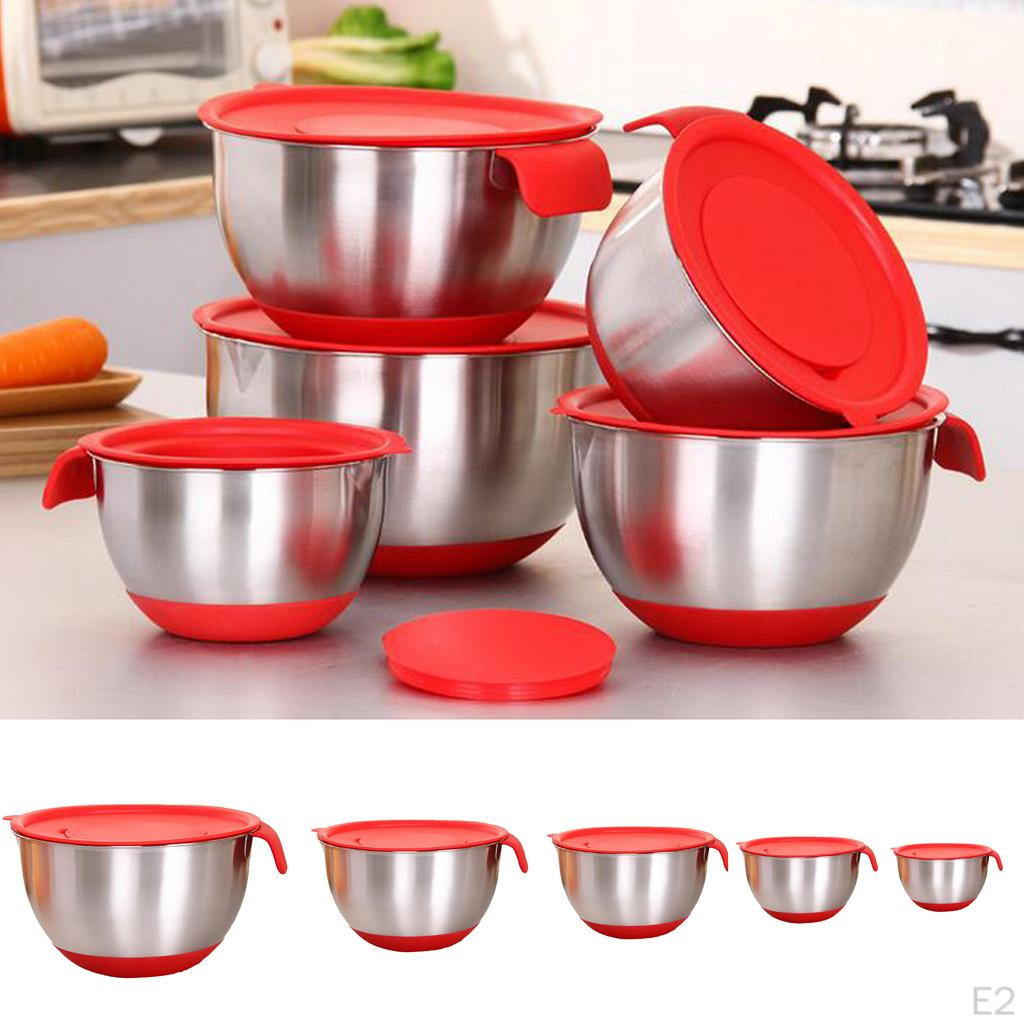 5 Sizes Mixing Bowls Stainless Steel Metal Lid Kitchen Compact Storage