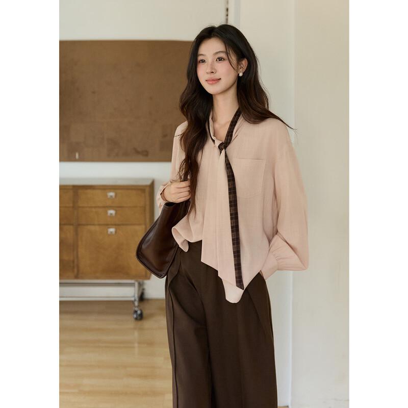 Women's Ribbon Design V-Neck Checkered Lantern Sleeve Blouse