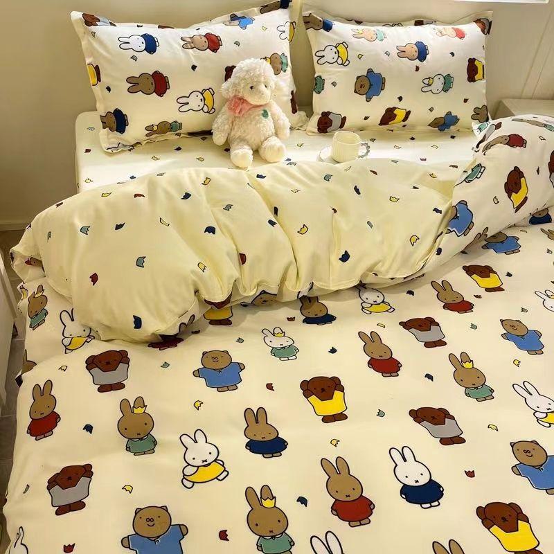 Cartoon Bear Washed Cotton Four-piece Set, Bed Sheet Quilt Cover, Bedding Three-piece Set, Dormitory