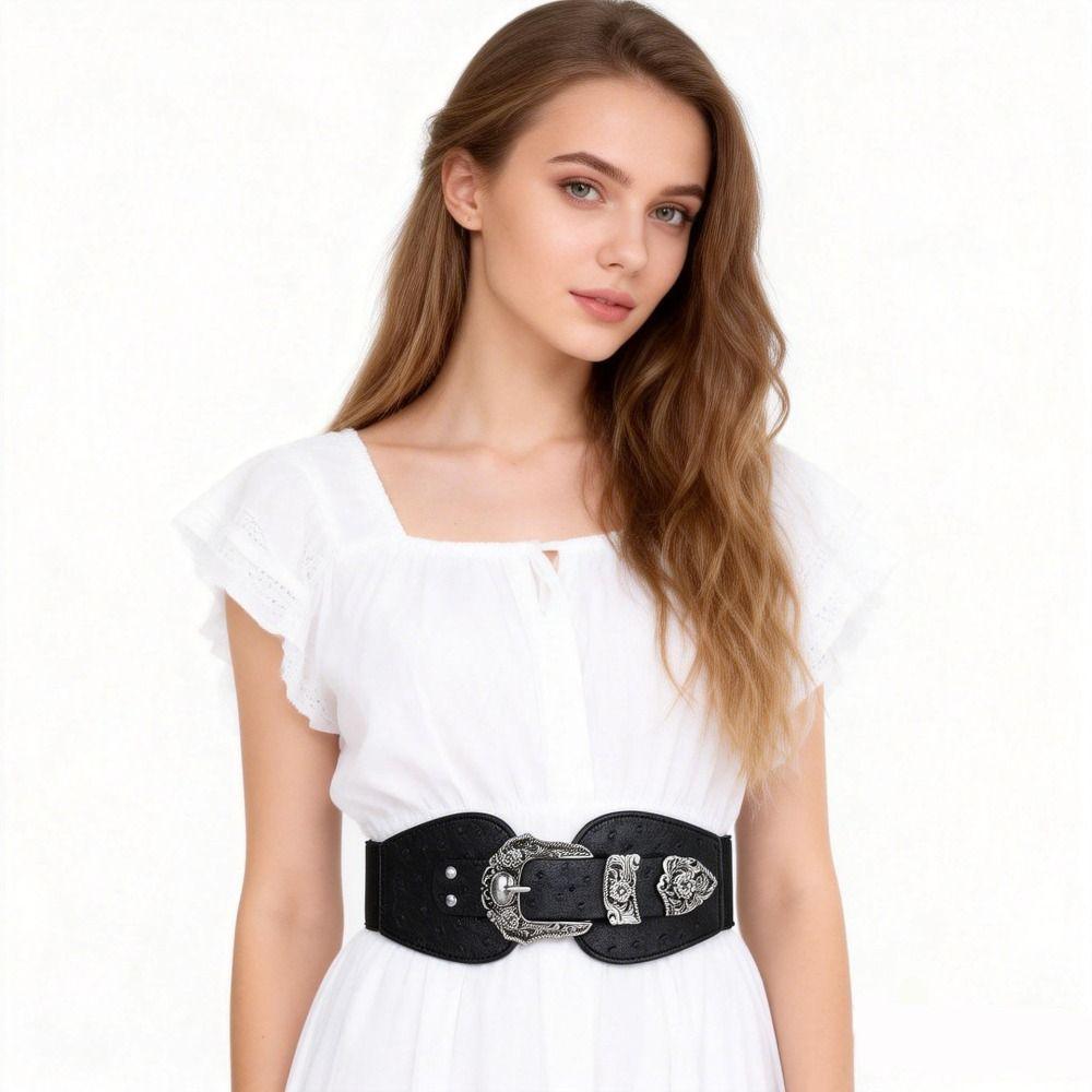 Boucle Rétro Sculptée Réglable Ceinture Élastique à la Taille Ceinture à Boucle Métallique Accessoire de Taille