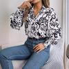 2026 Spring/Summer Elegant Contrast Color Floral Lantern Sleeve Turn-down Collar Shirt Casual Breathable Women's Top