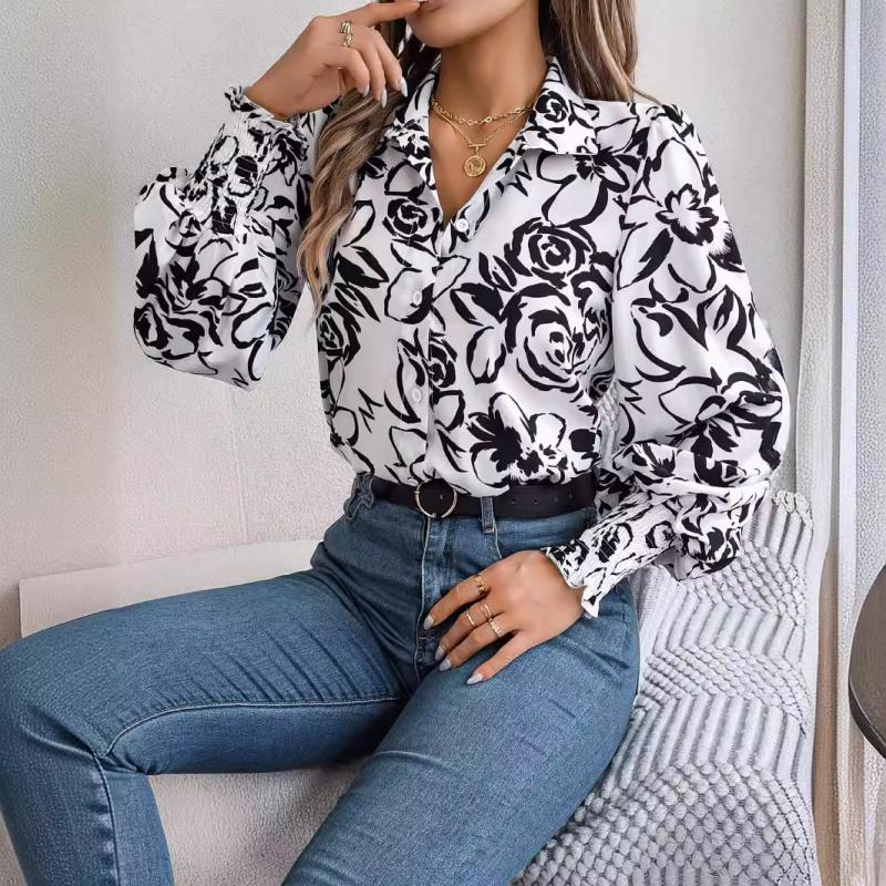 2026 Spring/Summer Elegant Contrast Color Floral Lantern Sleeve Turn-down Collar Shirt Casual Breathable Women's Top