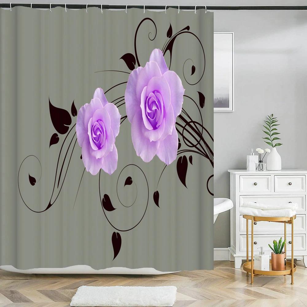 Piękne Zasłony Prysznicowe z Kwiatami, Zasłona 3D z Nadrukiem Kwiatowym do Łazienki, Wodoodporna Zasłona Łazienkowa z Haczykami z Tkaniny Poliestrowej