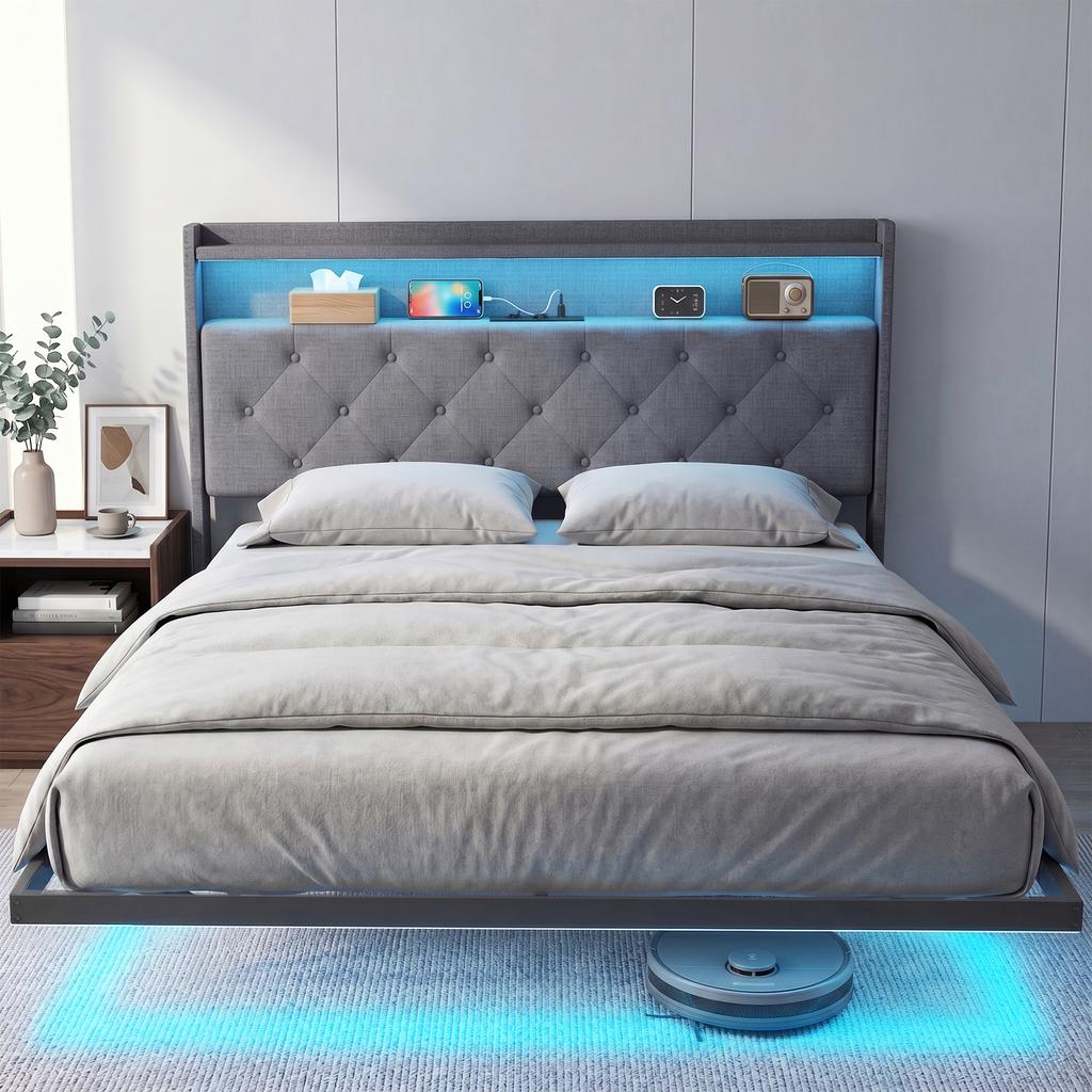 Bed frame 140 x 190 cm with steel base, floating double bed with RGB LED lights and charging station, grey