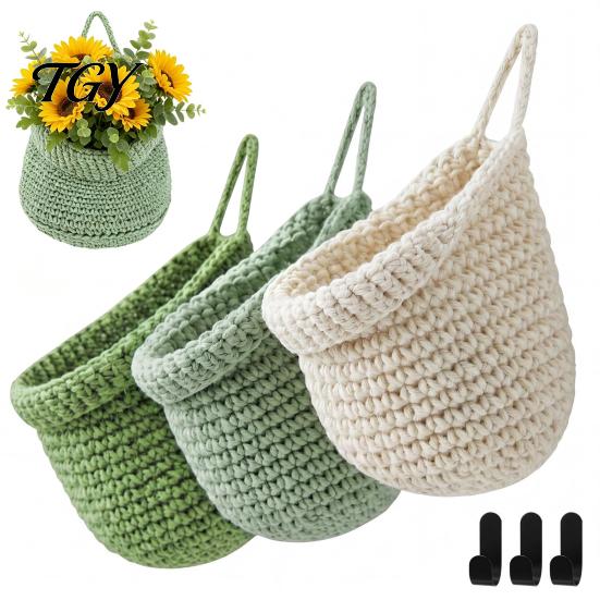 Wall Mounted Storage for Nursery 3PCS Woven Hanging Bag, Natural Cotton Rope Fruit Baskets, Organizer Hair Accessories Boho