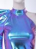 Women Halloween Cosplay Dress 80s Disco Metallic Mock Neck One Shoulder Long Sleeve Back Zip Asymmetrical Gown for Party