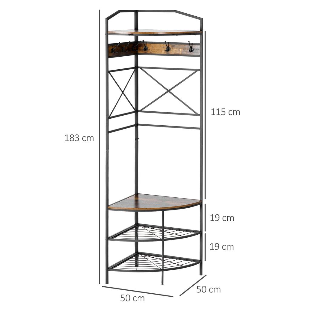 Corner Floor Coat Rack with Bench and Shoe Rack In Industrial Style, 50x50x183cm, Brown