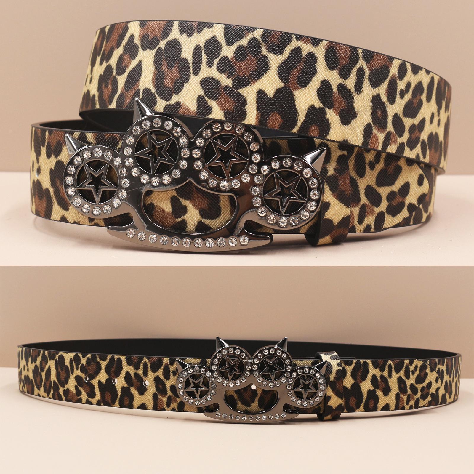 

Y2K Leopard Print Rhinestone Tiger Claw Punk Women s Leather Belt 125cm жовтий