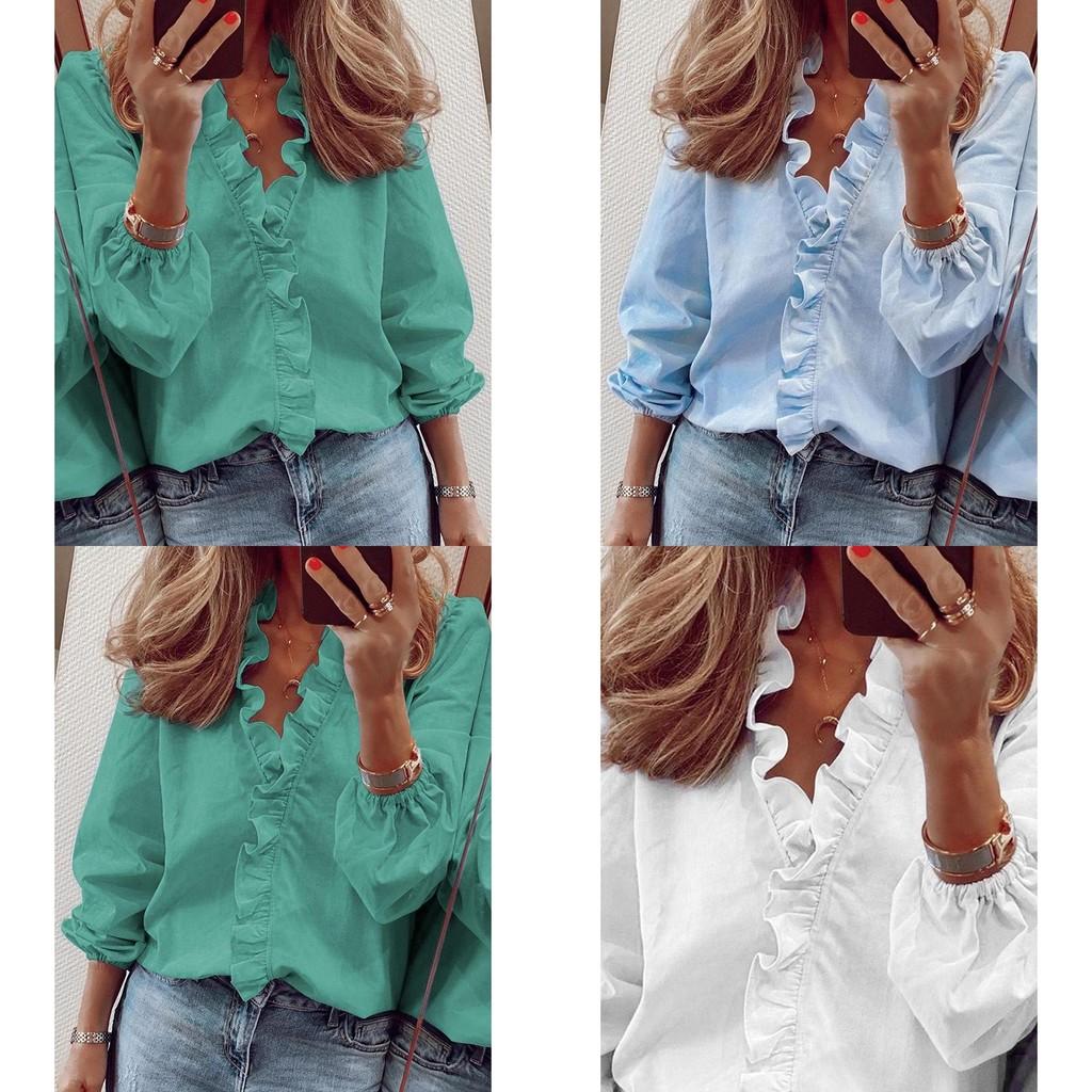 Elegant Womens Long Sleeve Shirts Blouse With Ruffle V Neck And Plus Size Options
