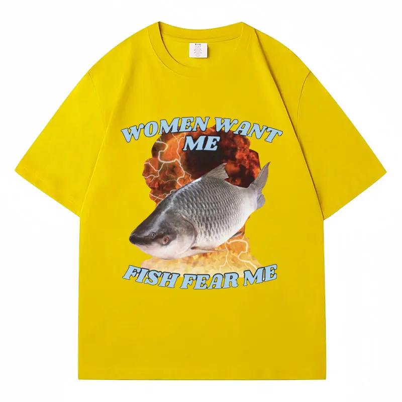 Vintage Lustig Frauen wollen mich Fische fürchten mich Meme Grafik T-Shirt Mode Harajuku Angeln T-Shirts Männer Frauen Baumwolle Sommer T-Shirts