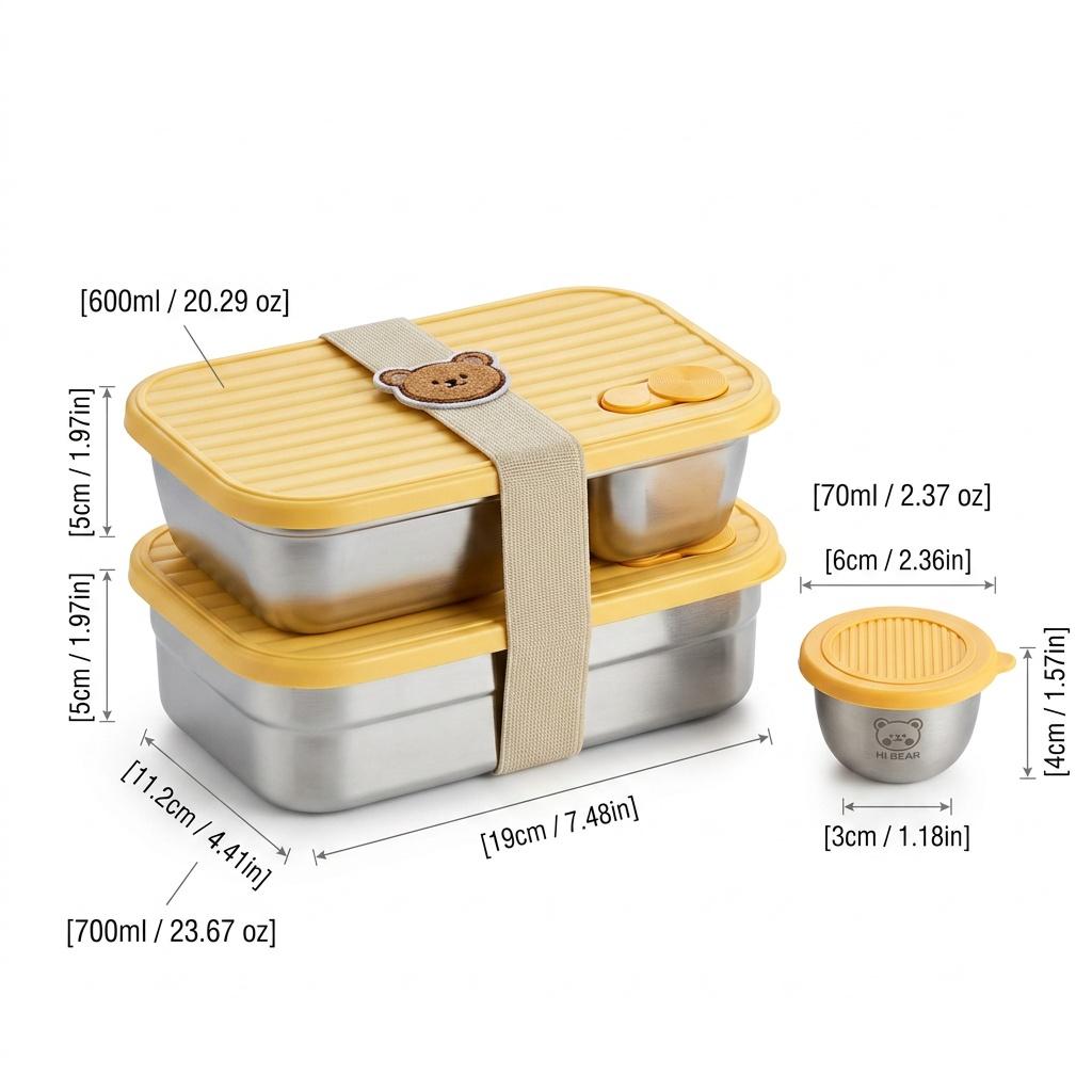 Reusable Bento Lunch Box For Students 304 Stainless Steel Fruit Salad Food Container With Sauce Box Dishwasher&Microwave Safe