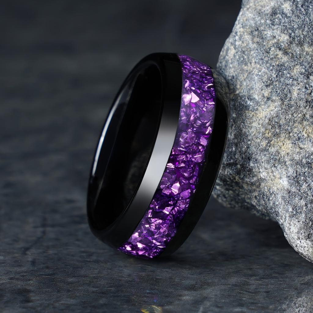 Fashion 8mm Men Stainless Steel Rings Inlay Galaxy Style Purple Abalone Shell Rings For Men Wedding Engagement Band Jewelry Gift