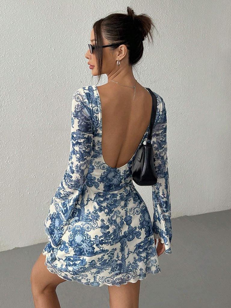 2025 Spring/Summer Women's Printed Flared Sleeve Backless Mesh Dress