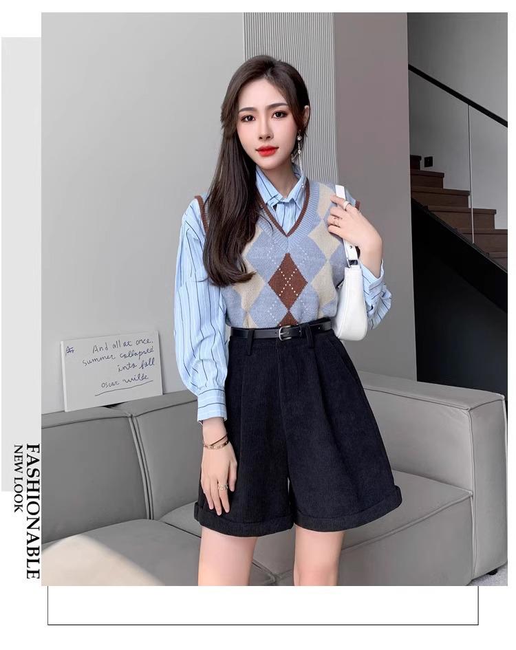 High-Waisted Corduroy A-Line Bootcut Shorts for Women - Coffee Color, Casual Autumn/Winter Wear