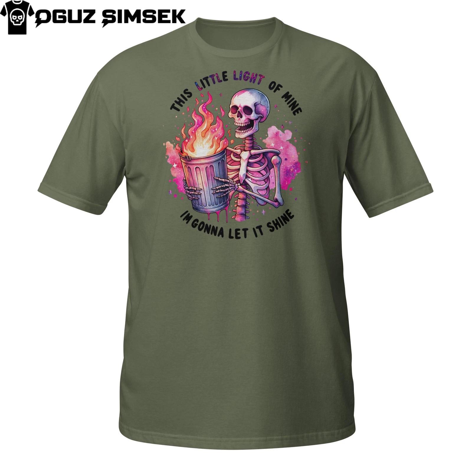 Funny Skeleton Fire T-Shirt Mens Womens Tees Top – This Little Light Trash Can Flame Design 2XL