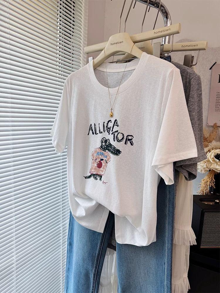 

Women s Summer 2026 Trendy Cartoon Print Cotton T-Shirt - Short-Sleeved and Stylish L белый