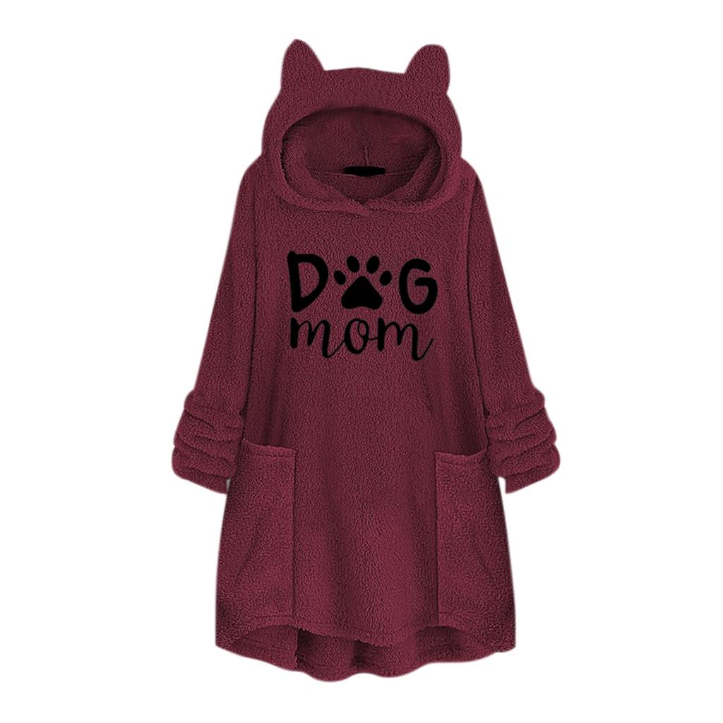 Kadın Polar Nakış Kedi Kulak Artı Boyutu Hoodie Cep Üst Kazak Bluz
