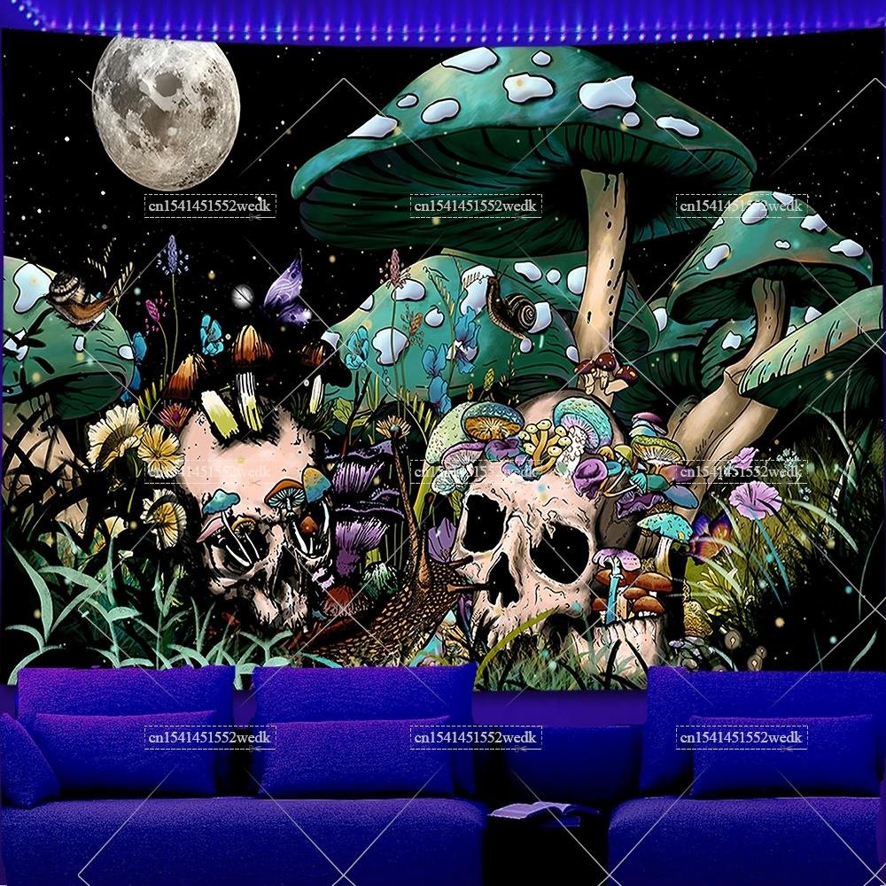 Skeleton Eye Blacklight Mushroom Tapestry UV Reactive Sun And Moon Neon Tapestrys Glow In The Dark Aesthetic Room Decor Posters