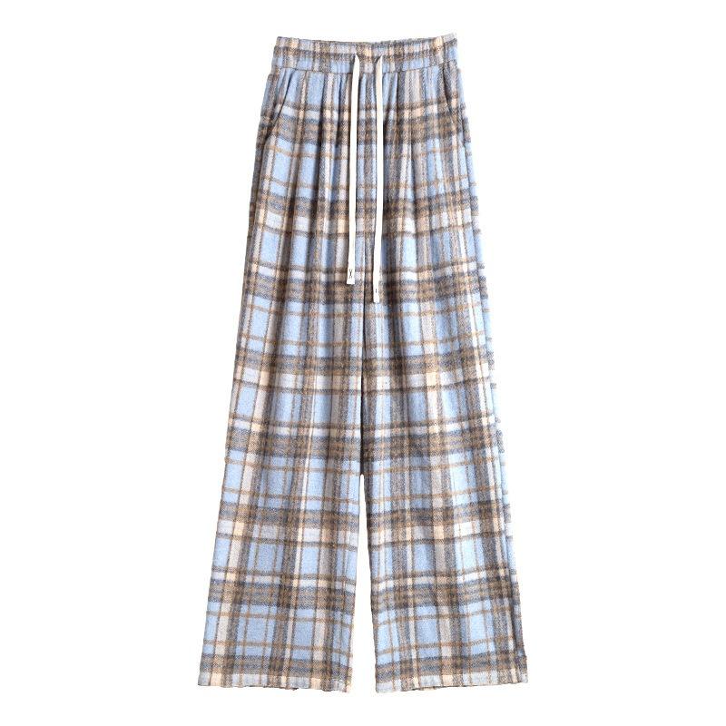 Woll karierte Hose Damen Herbst und Winter Samt Neu Hochtailliert Fallend Gerade Bodenlang Dünn Weiter Bein Hosen