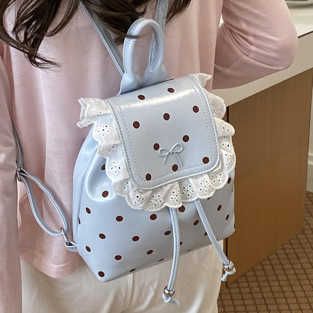 Cute Polka Dot Lace Backpack for Women Fashion Bow Decoration Small PU Leather Shoulder Bag