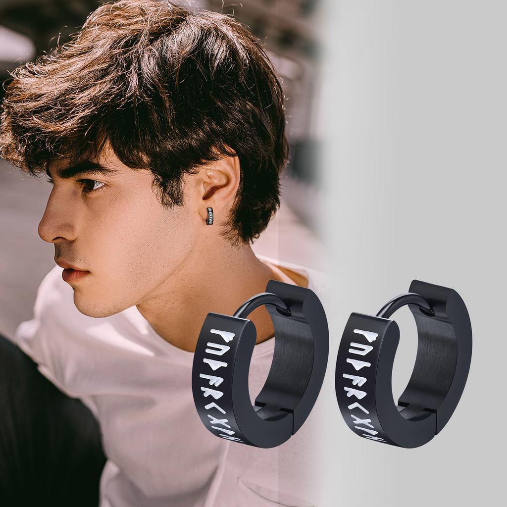 Rock Punk Norse Viking Runes Hoop Earrings for Men, Waterproof Stainless Steel Huggie Hoops Ear Gift Jewelry, Brincos Masculinos
