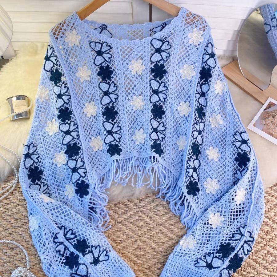Women's Retro Knit Cardigan - Embroidered Tassel, Hollow Out Design, Loose Fit Sweater for Early Autumn