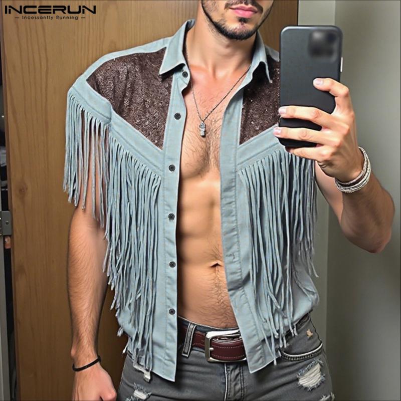 INCERUN Men Short Sleeve Glitter Tassel Patchwork Buttons Casual Tops T-shirts