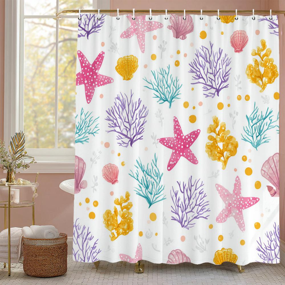 Ocean Shell Shower Curtain, Ocean Beach Shell Starfish Summer Bathroom Decorative Shower Curtain, Waterproof Shower Curtain