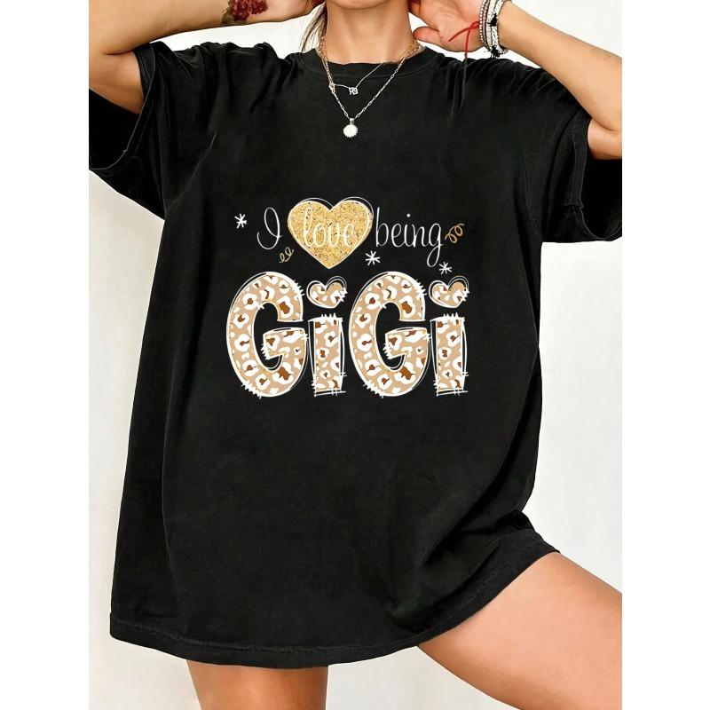 

Чорна оверсайз футболка Я люблю бути бабусею (Gigi) з леопардовим принтом та дизайном серця з блискітками Для подарунка бабусі Повсякденний одяг XXXXL чорний