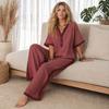 Conjunto de Algodón y Lino para Mujer, Verano, Cuello en V, Corte Holgado y Cintura Elástica, Pantalones Palazzo de 2 Piezas, Conjunto Casual Cómodo de Top y Pantalones de Pierna Ancha para el Hogar